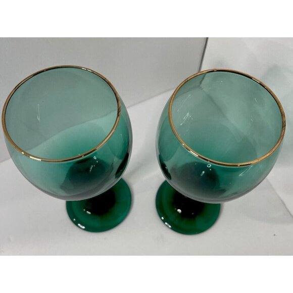 Juniper Green Libbey Teardrop Wine Glasses Blown Glass Vintage Set of 2 - Picture 4 of 6